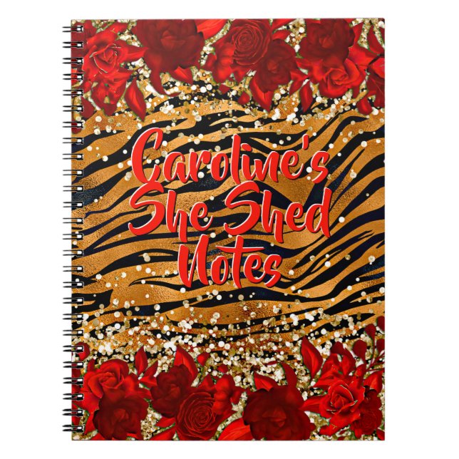 Add Name Text She Shed Tiger Stripes Red Flowers   Notebook (Front)