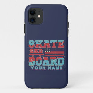 Add Name Text Skateboard SK8 USA Flag Red Blue     iPhone 11 Case
