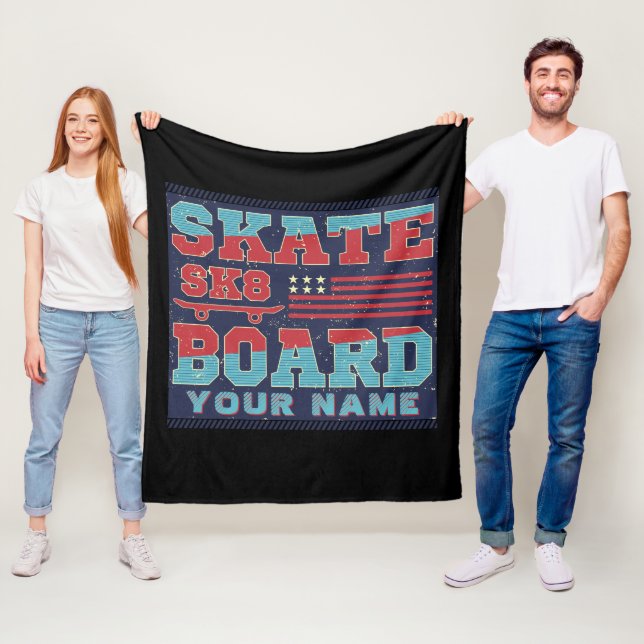 Add Name Text Skateboard SK8 USA Flag Red Blue     Fleece Blanket (In Situ)