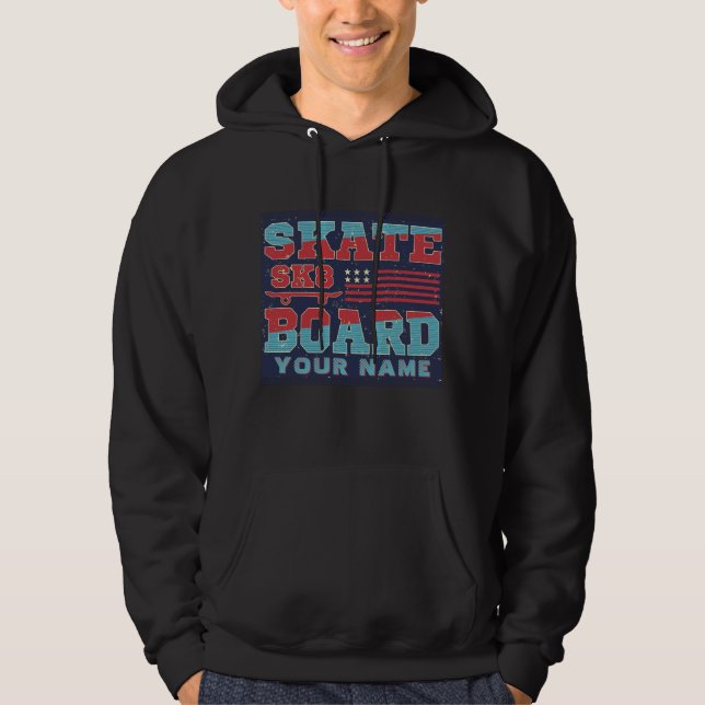 Add Name Text Skateboard SK8 USA Flag Red Blue     Hoodie (Front)