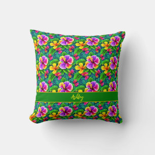 Add Name Text Tropical Hibiscus Flower Jungle Leaf Cushion