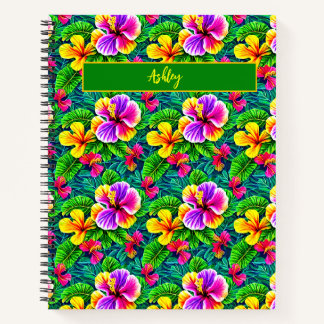Add Name Text Tropical Hibiscus Flower Jungle Leaf Notebook