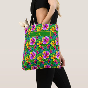 Add Name Text Tropical Hibiscus Flower Jungle Leaf Tote Bag