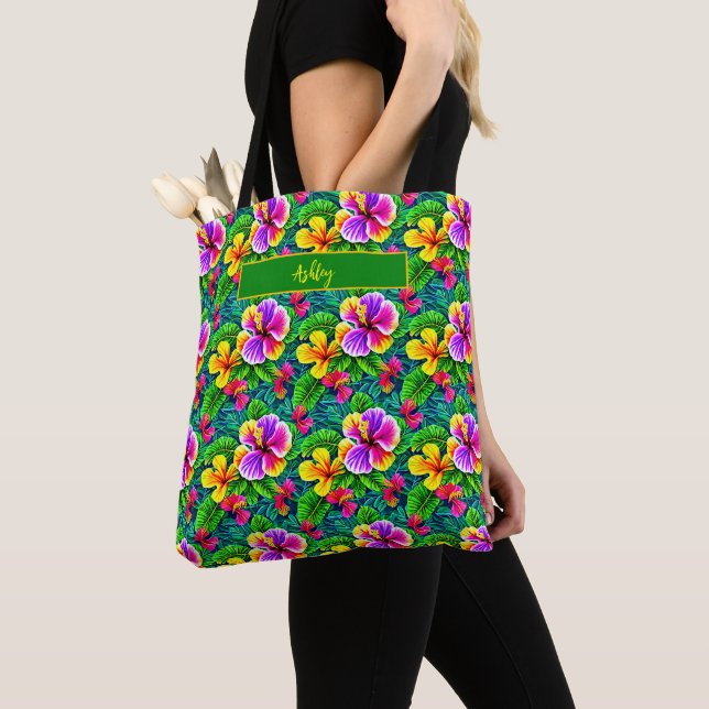 Add Name Text Tropical Hibiscus Flower Jungle Leaf Tote Bag (Close Up)