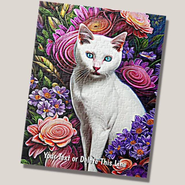 Add Name Text, White Cat with Abstract Flowers Jigsaw Puzzle (Creator Uploaded)