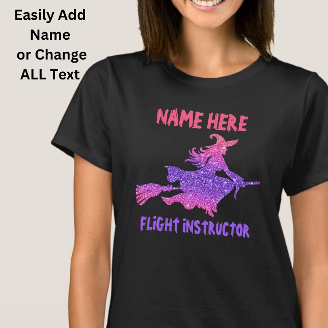 Add Name & Text Witch Flying Broomstick Halloween  T-Shirt (Creator Uploaded)