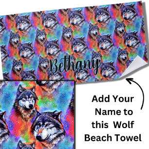 Add Name Text, Wolf Head on Bright Pastel Colours Beach Towel
