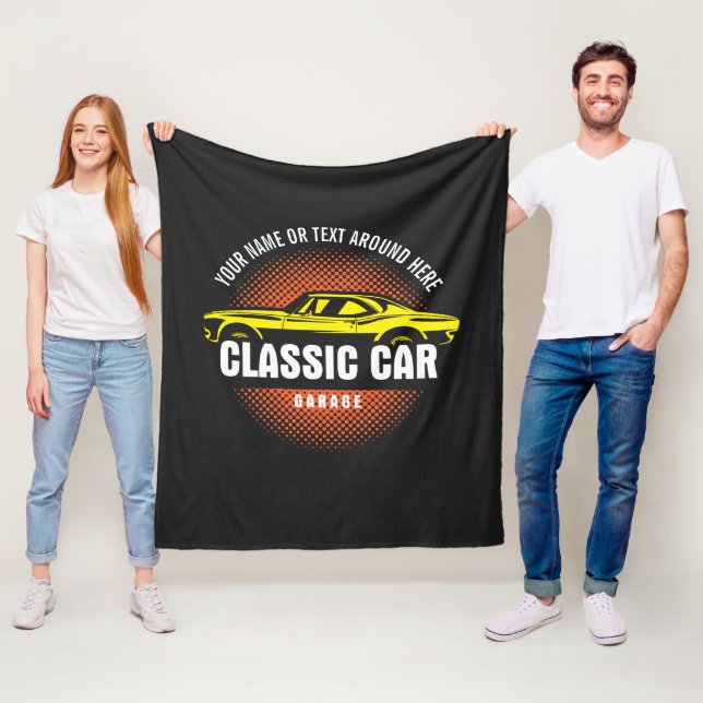 Add Name Text Yellow Classic Car Fleece Blanket (In Situ)