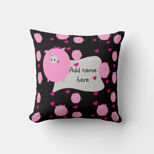 Add name to cute micropig pink & black heart love cushion (Front)