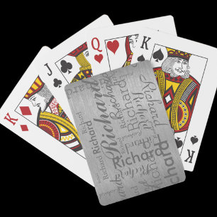 Add name to get personalised grey steel playing cards