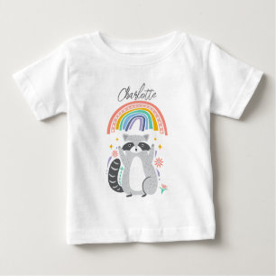 Add Name to Racoon and rainbow Birthday Party Baby T-Shirt