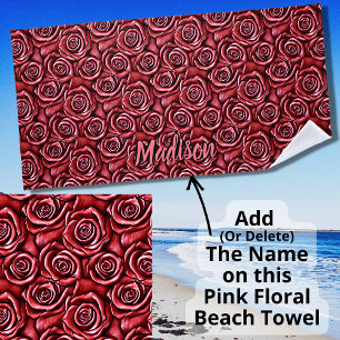 Add Name, Tooled Pink Leather Effect Roses Beach Towel