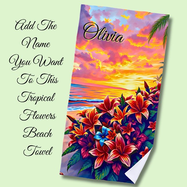 Add Name Tropical Flowers on the Sandy Beach Towel (Creator Uploaded)