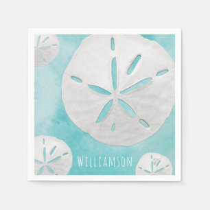 Add Name Tropical Sand Dollar Turquoise Watercolor Napkin