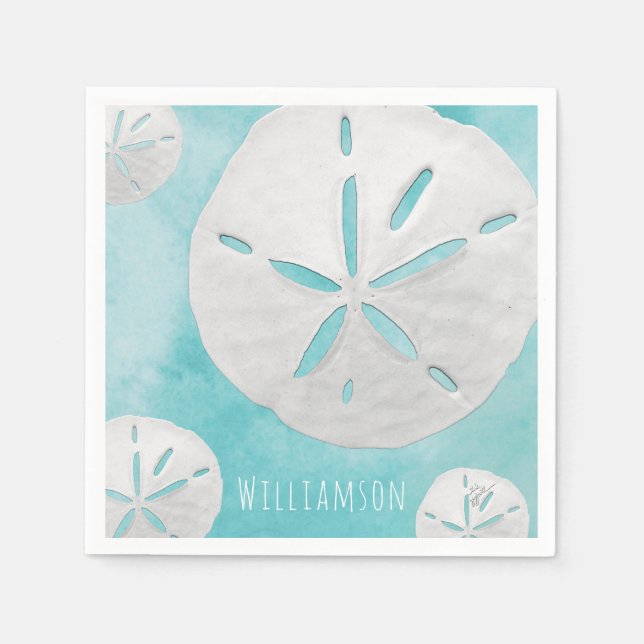 Add Name Tropical Sand Dollar Turquoise Watercolor Napkin (Front)