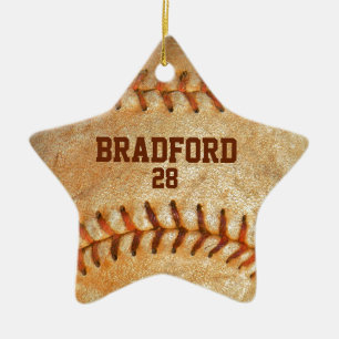 add name Vintage White Baseball red stitching Ceramic Ornament