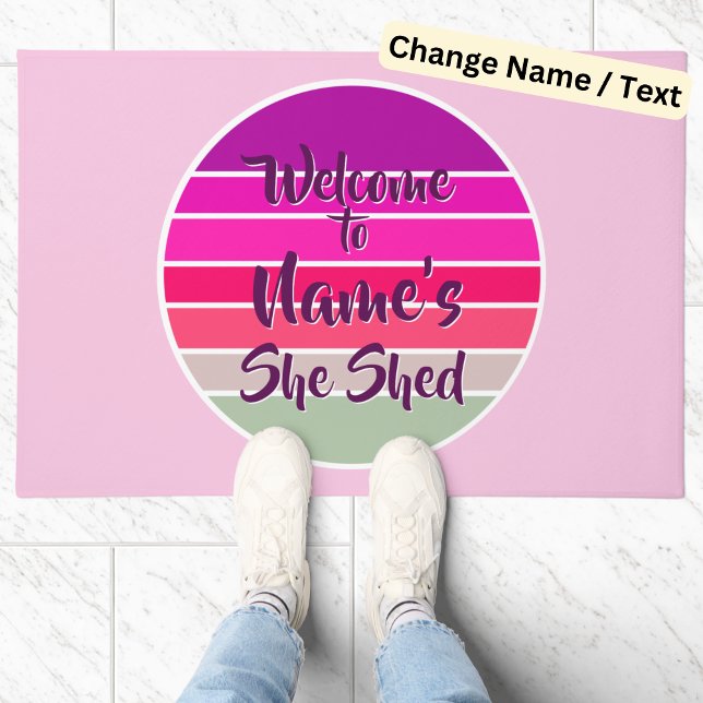 Add Name Welcome to She Shed Pink Retro Sunset     Doormat (Creator Uploaded)