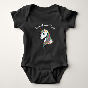 Add name White Daisies pink flowers unicorn Baby Bodysuit