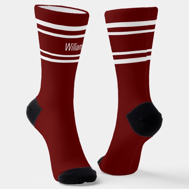 Add Name White Stripes on Dark Red Socks (Angled)
