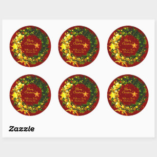 Add Name Year Christmas 20xx Gold Wreath on Red   Classic Round Sticker