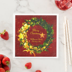 Add Name Year Christmas 20xx Gold Wreath on Red Napkin