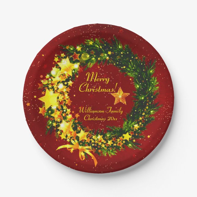 Add Name Year Christmas 20xx Gold Wreath on Red  Paper Plate (Front)