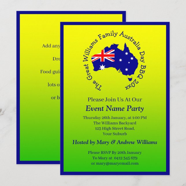Add Name Year Date Australia Day Party Green Gold  Invitation (Front/Back)