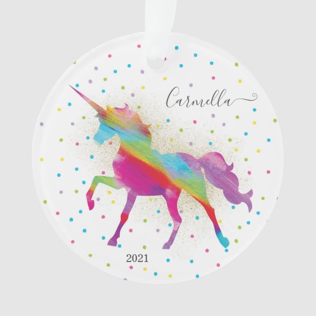 Add Name & Year to Rainbow Gold Glitter Unicorn Ornament (Front)