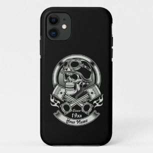 Add Name Year Vintage Biker Skull Crossed Pistons  iPhone 11 Case