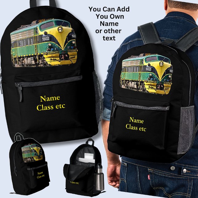 Add Name, Yellow Green Diesel Locomotive on Black Printed Backpack (Creator Uploaded)