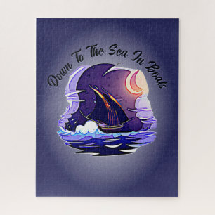 Add Name Your Text, Sailing Ship, Clouds Moon Blue Jigsaw Puzzle