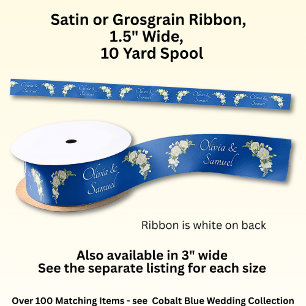 Add Names, 1.5" Cobalt Blue White Roses Satin Ribbon