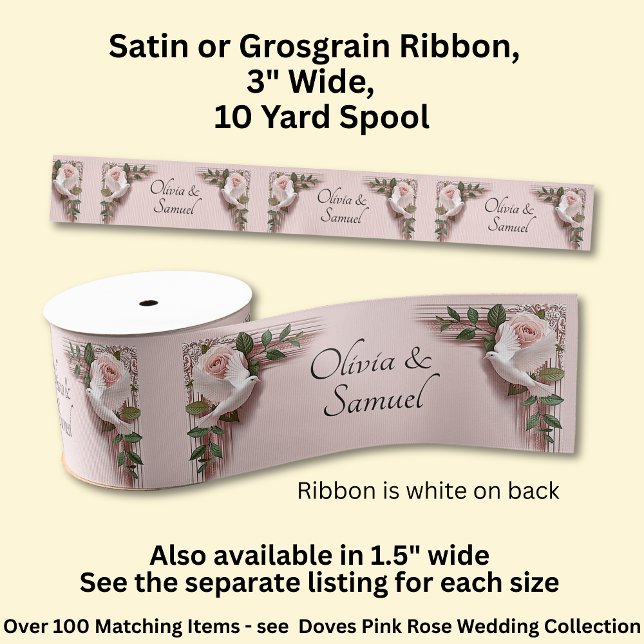 Add Names, 3" Wide Pink Roses & Doves Wedding Grosgrain Ribbon (Creator Uploaded)