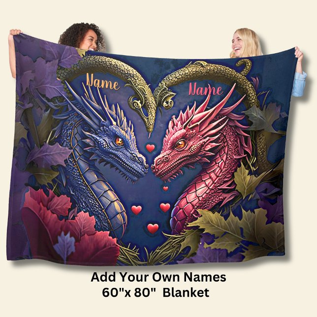 Add Names, Blue & Pink Couples Dragon Fleece Blanket (Creator Uploaded)