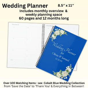 Add Names & Date Cobalt Blue & White Roses Wedding Planner