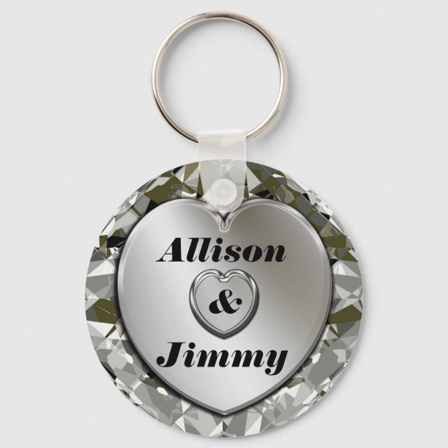 Add Names Elegant Silver Heart & Diamonds Keychain (Front)