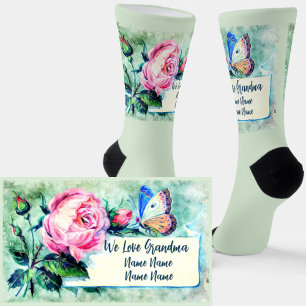Add Names, Grandmother Pink Rose Floral Pale Blue Socks