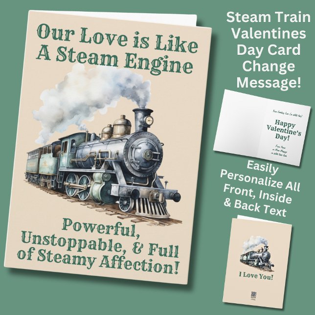 Add Names, Green Steam Train Engine Valentines Day Card (Creator Uploaded)