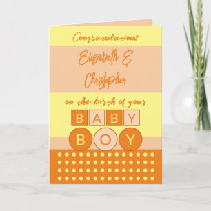 Add names orange yellow new baby boy card