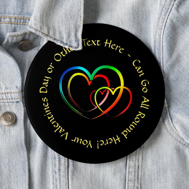 Add Names Text Message - Hearts on Black Colossal 6 Cm Round Badge (In Situ)