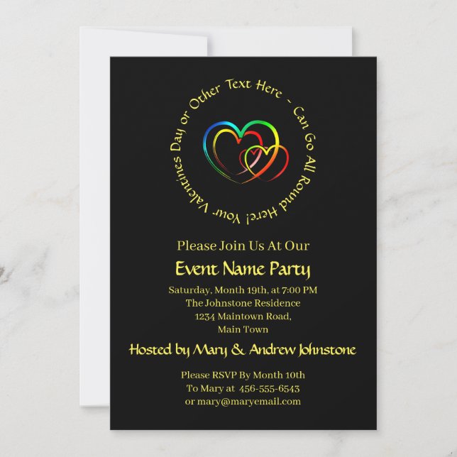 Add Names Text Message - Hearts on Black Invitation (Front)