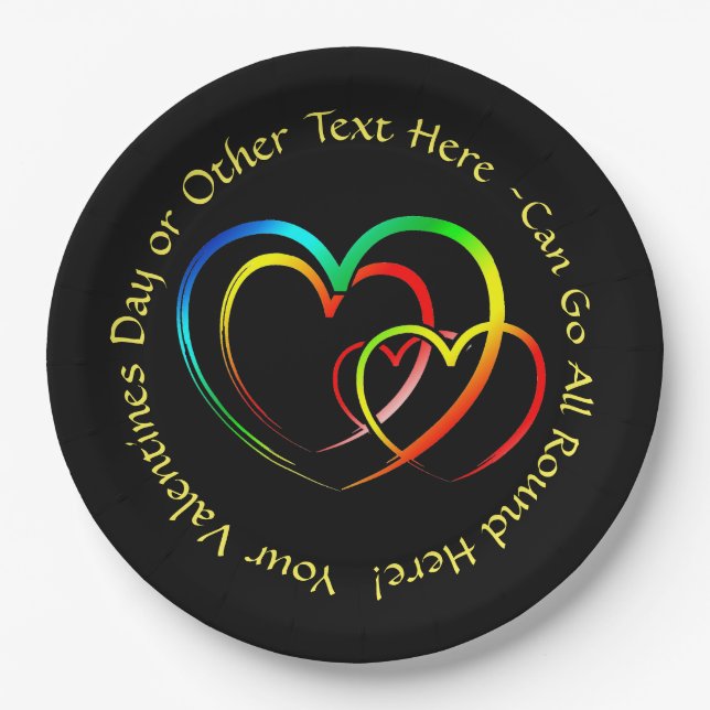 Add Names Text Message - Hearts on Black Large 9" Paper Plate (Front)