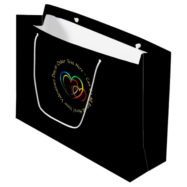 Add Names Text Message - Hearts on Black Large Gift Bag (Front Angled)