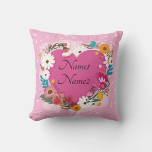 Add Names Text Valentines Day Pink Floral Heart Cushion