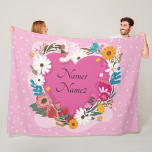 Add Names Text Valentines Day Pink Floral Heart Fleece Blanket