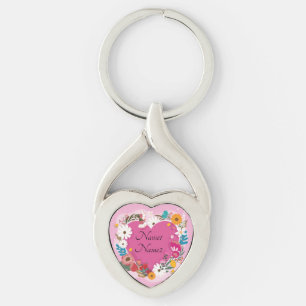 Add Names Text Valentines Day Pink Floral Heart   Key Ring
