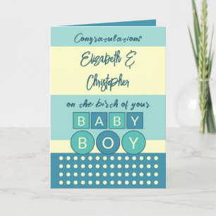 Add names turquoise yellow new baby boy card