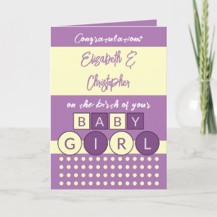 Add names yellow purple new baby girl card