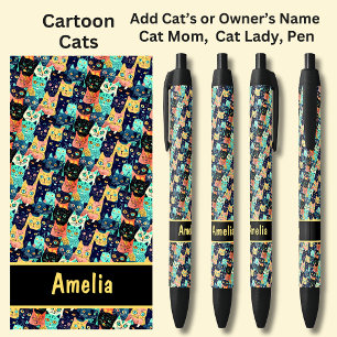 Add Owner or Cat's Name, Funny Cartoon Cats Black Ink Pen