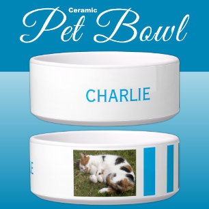 Add photo and name white and light blue bowl